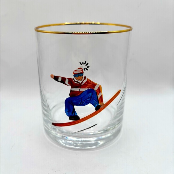 Gold Rimmed whiskey Glass with Snowboarder Design - Picture 1 of 6
